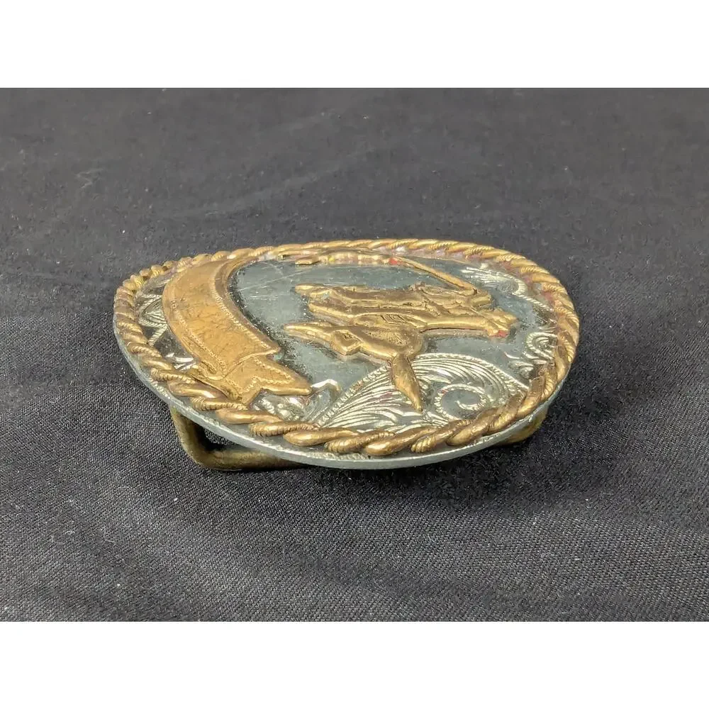 Vintage Western Belt Buckle Roping Cowboy Motif Nickel Silver Gold Tone 3.5 Inch